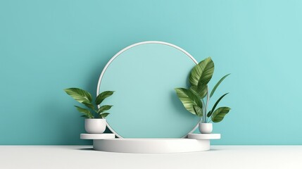 3d background products display podium scene with green leaf geometric platform.