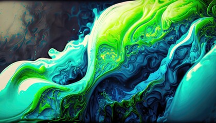 Stunning picture of blue and neon liquid ink blending together, with a fantastic quality and realistic texture. 3D digital illustration. Generative AI