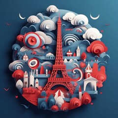 Obraz premium Bastille Day in Paper: 3D Paper Cut Craft Illustration with Minimalistic Elegance