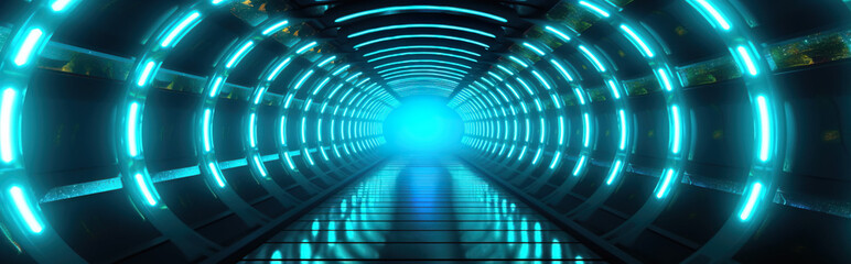 Futuristic city tunnel with bright blue neon lighting. Night scene in a city of a future. Cityscape in the style of cyberpunk. Photorealistic Generative AI illustration. 
