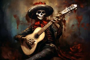 Fensteraufkleber Skeleton in Mexican costume and sombrero playing the guitar. Generative ai illustration, Halloween and The Day of the Dead celebrating concept © Sergie