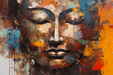  Oil painting Buddha face with abstract texture on background. Generative ai wall painting, meditation and art concept. © Sergie