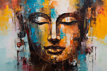 Oil painting Buddha face with abstract texture on background. Generative ai wall painting, meditation and art concept.