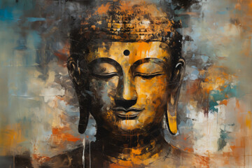 Fototapeta na wymiar Oil painting Buddha face with abstract texture on background. Generative ai wall painting, meditation and art concept.