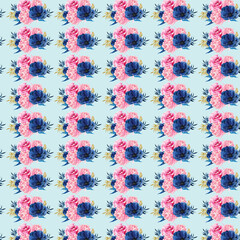 seamless floral pattern with colorful wild flowers on mirror reflecting blue sky