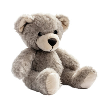 Cute grey teddy bear stuffed animal isolated on a transparent background