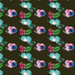 seamless floral pattern with colorful wild flowers on mirror reflecting blue sky