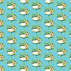 seamless floral pattern with colorful wild flowers on mirror reflecting blue sky