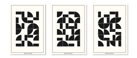 Set of posters in postmodern style with abstract geometric shape. Bauhas design with simple shape, black elements, for web background, poster design, print, cover.