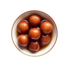 Delicious Gulab jamun in a bowl seen from above, top view, isolated on a transparent background