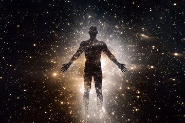 human figure floating in space, full of stars. concept origin of humanity and omnipresence. illustration.