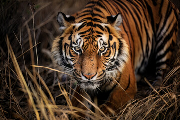 Fototapeta premium Siberian tiger in the steppe.