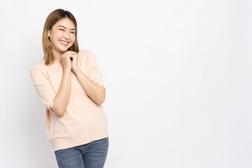 Portrait of casual cheerful Asian woman isolated on white background