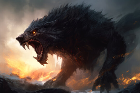 Mystical scandinavian beast wolf Fenrir. Fenrir start Ragnarok, North Mythology background, Generative AI