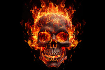 Fiery Human Skull on black background. Generative ai illustration of skull in fire.