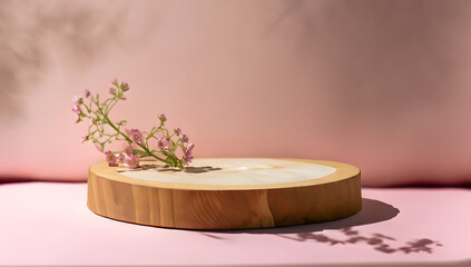 Wooden round podium with flowers and shadows on pastel background. Empty natural stand for presentation and exhibitions for organic cosmetic product. Mockup, AI Generative