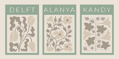 Set of trendy abstract flower posters. Vector botanical groovy stamps, cards, wall arts