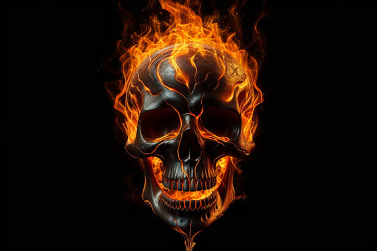 Fiery Human Skull on black background. Generative ai illustration of skull in fire.