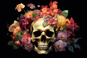 Vintage illustration of skull with flowers on black background. Generative ai illustration of digital art