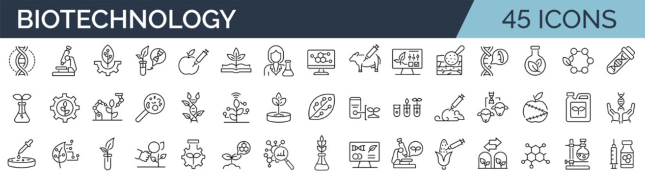 Set of outline icons related to biotechnology, biochemistry, farming, science. Linear icon collection. Editable stroke. Vector illustration