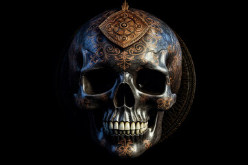 Illustration of skull with diamonds on black background, generative ai.