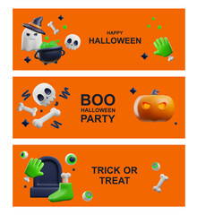 Halloween party banners or flyers set with cute 3d elements, vector illustration.