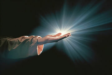 jesus hand with light religion miracle - obrazy, fototapety, plakaty