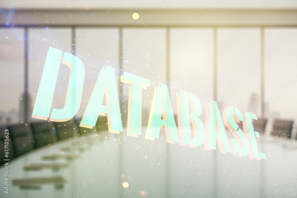 Poster double exposure of database word sign on a modern conference room background, global research and an