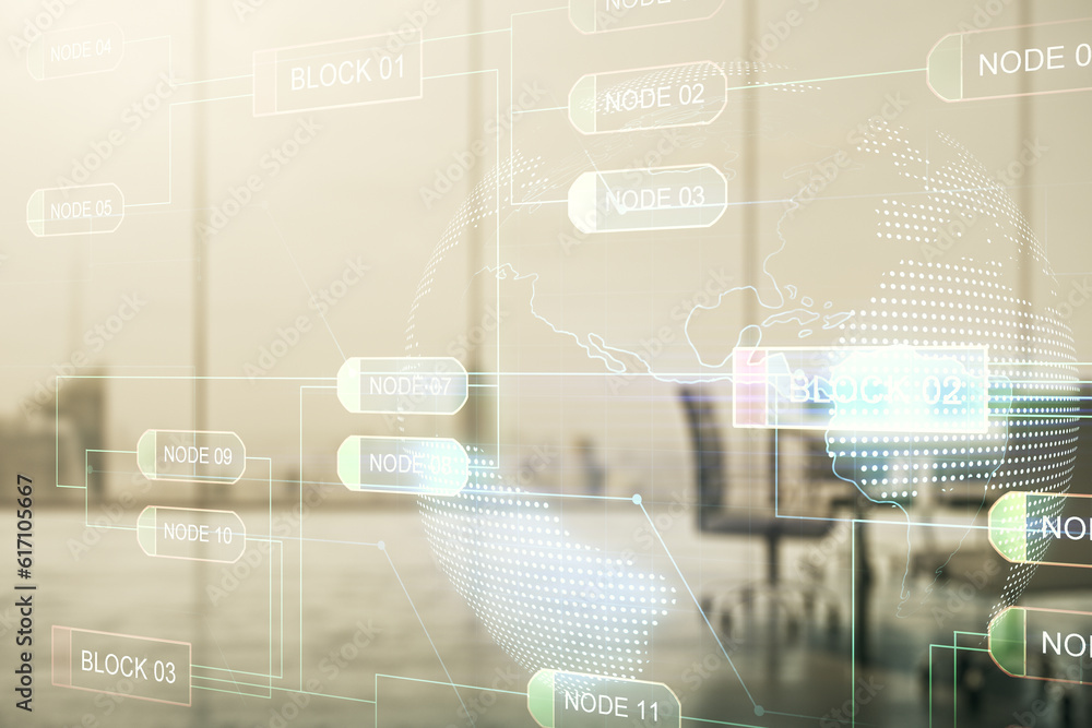 Aufkleber abstract virtual coding concept and world map hologram on a modern conference room background. multi