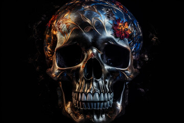 Illustration of skull with diamonds and flowers on black background, generative ai.