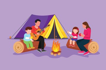 Fototapeta premium Cartoon flat style drawing cheerful family camping with bonfire at night. Drinking hot tea or coffee, sitting on log. Father playing guitar, sing song with children. Graphic design vector illustration