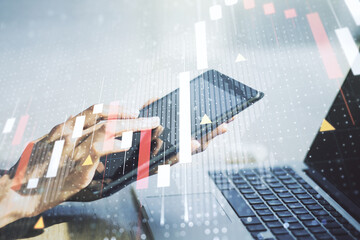 Multi exposure of abstract creative financial graph with world map and finger presses on a digital tablet on background, forex and investment concept