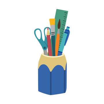 blue pencil holder with school supplies clip art preview