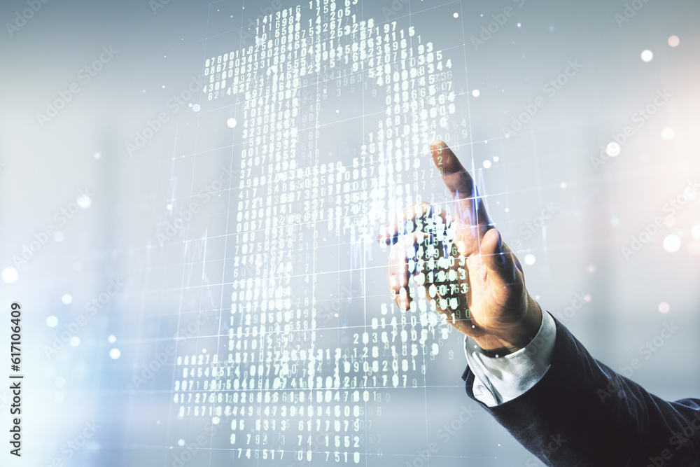 Aufkleber double exposure of male hand working with creative bitcoin symbol hologram on blurred office backgro