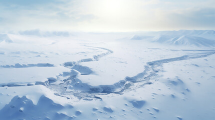 An aerial shot Ice flow Valley from helicopter view in winter. Panoramic view down an snow mountain landscape Generative ai