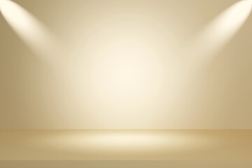 3D rendering golden stage with bright light at center and two spotlights at upper corners.