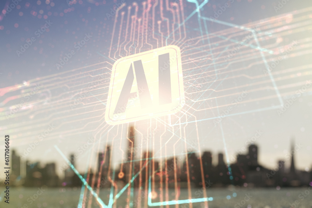 Poster double exposure of creative artificial intelligence icon on blurry cityscape background. neural netw