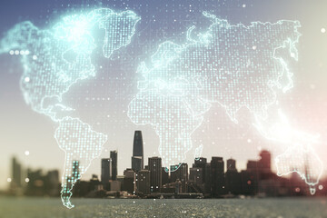 Multi exposure of abstract creative digital world map hologram on San Francisco skyscrapers...