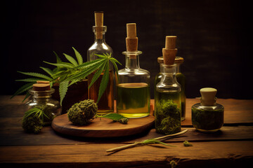 Obraz na płótnie Canvas Glass bottles with cannabis oil on dark wooden background. Generative ai illustration of natural organic healthy treatment.