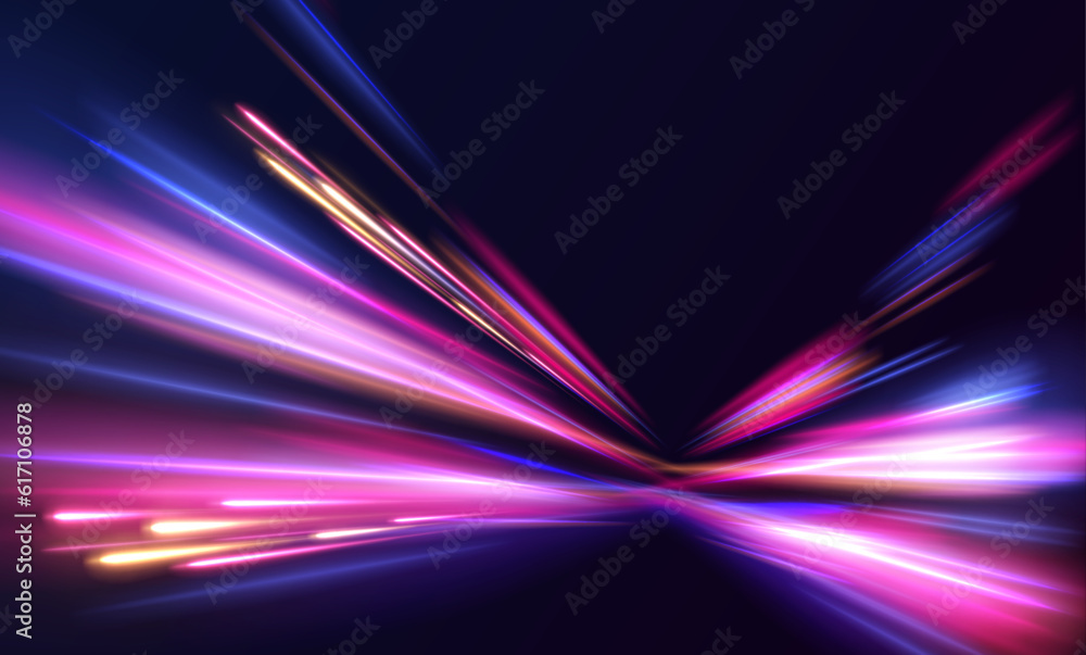 Poster speed lights motion background, cityscape and rail track in tokyo from speed train. illustration of 