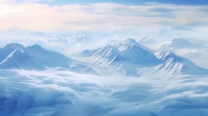 An aerial shot Ice flow Valley from helicopter view in winter. Panoramic view down an snow mountain landscape Generative ai