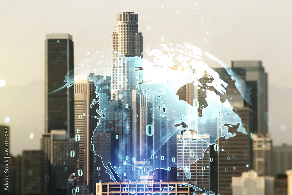 Poster multi exposure of abstract graphic coding sketch and world map on los angeles cityscape background, 