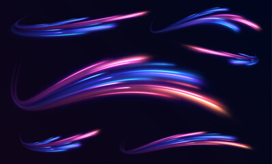 Vector speed of light in space on dark background. Abstract background in blue, yellow and orange neon colors.