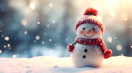 Fototapeta premium Merry christmas and happy new year greeting card with copy-space.Happy snowman standing in winter christmas landscape.