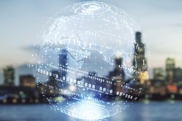 Abstract virtual coding illustration and world map on blurry skyscrapers background, international software development concept. Multiexposure