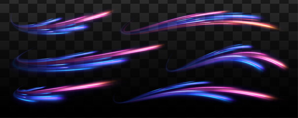 Image of speed motion on the road. Abstract comet of light in galaxy. background in blue and purple neon glow colors. Purple glowing wave swirl, impulse cable lines. Long time exposure. Vector  © ikril