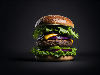 Hamburger front view Delicious meat burger with cheese and salad on dark background Generative AI