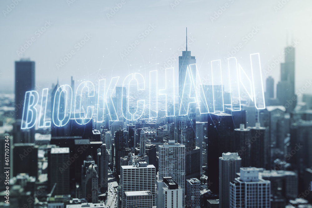 Aufkleber abstract virtual blockchain technology sketch on chicago office buildings background, future technol