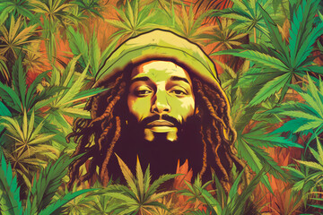 Fototapeta Black guy, rastaman, smokes cant marijuana. Cannabis leaves. Generative ai illustration of rasta coulture. obraz