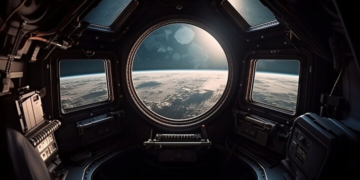 Bright spaceship interior with a view out a dark window. AI generative.